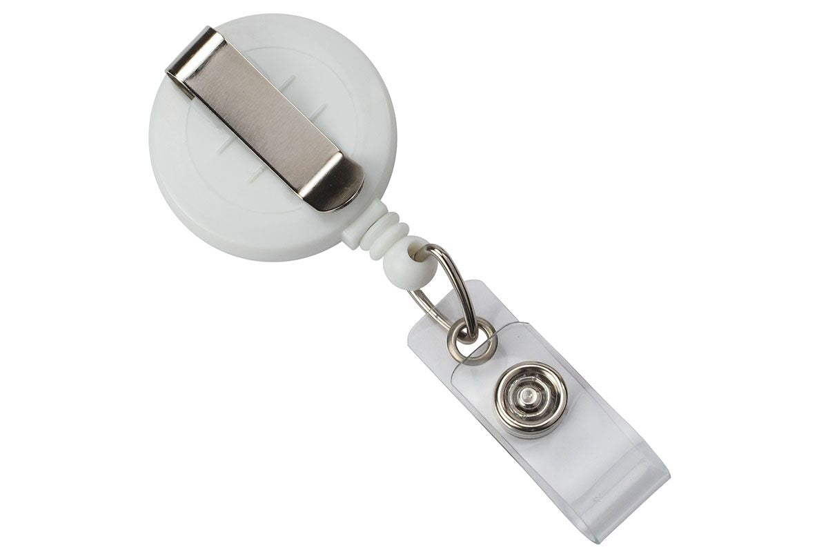 White ID Badge Reel with Strap Clip